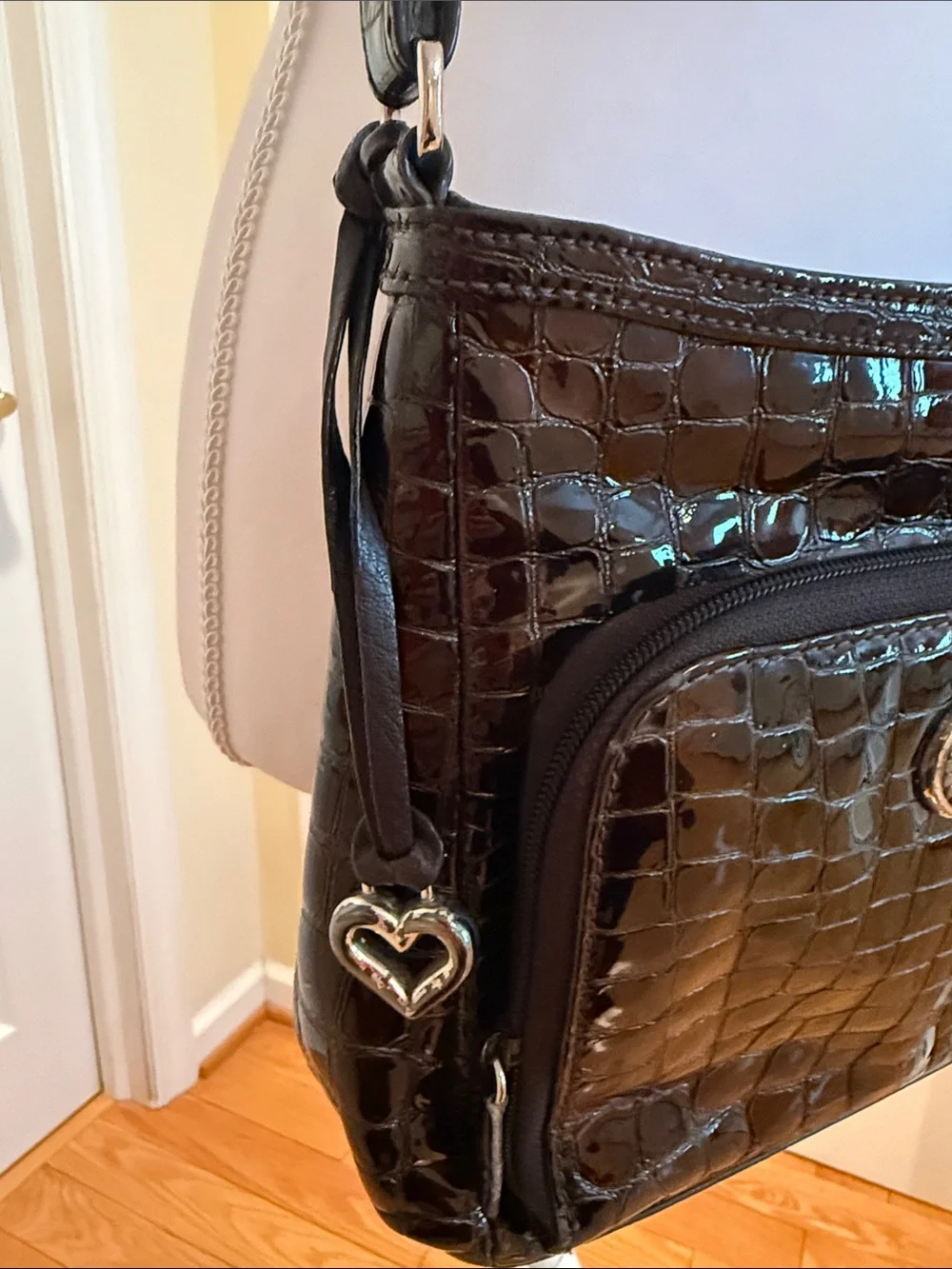 Brighton Vintage chocolate brown glossy Croc-Embossed Leather Messenger Bag